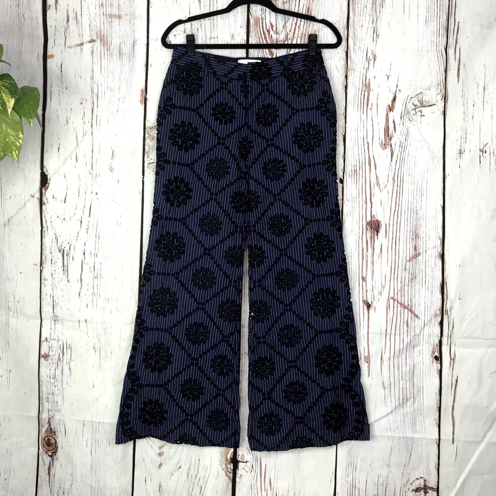 Anthropologie Ett:twa high waisted pinstripe eyelet embroidered wide leg pants